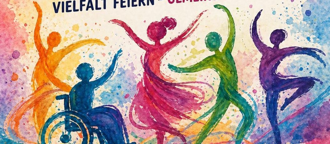 Ein inklusives Tanzereignis mit einer vielfältigen Gruppe von Menschen, die in einem farbenfrohen und lebendigen Stil tanzen. Das Datum der Veranstaltung ist der 26.06.2026.