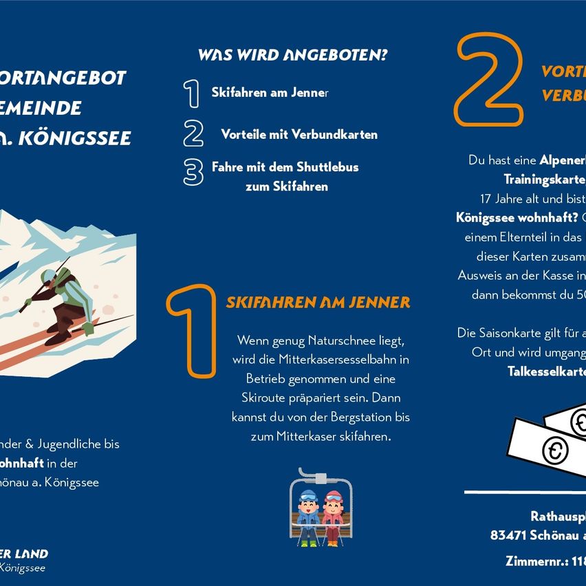 Ein Infographic zeigt drei Skioptionen am Königssee. Option 1 ist Skifahren am Jenner bei Naturschnee, mit einer Skiroute von der Bergstation bis zum Mittelstation. Option 2 bietet Vorteile mit einer Verbundkarte. Option 3 beinhaltet eine Shuttlebusfahrt zum Skifahren. Die Saisonkarte gilt für den Ort und kann an der Kasse eingetauscht werden.