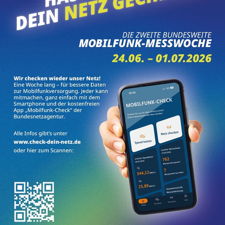 Ein Plakat zur zweiten bundesweiten Mobilfunk-Messwoche vom 24.06. bis 01.07.2026, das zur Teilnahme mit Smartphones und einer kostenlosen App einlädt.