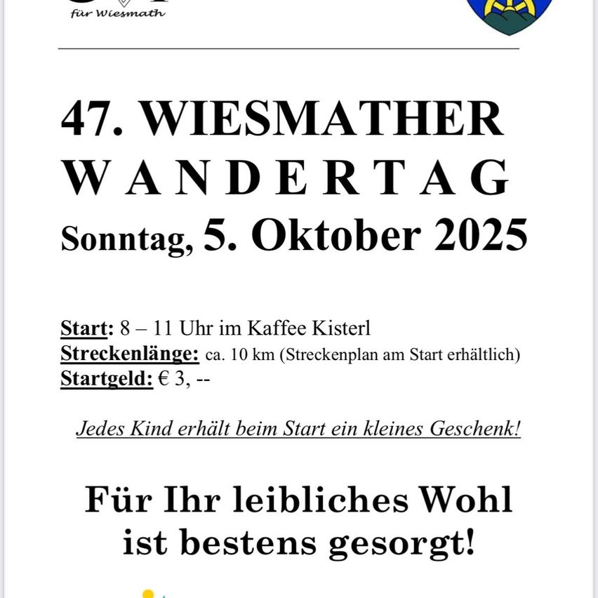 Plakat für Wiesmather Wandertag. Datum: Sonntag, 5. Oktober 2025. Startzeit: 8-11 Uhr im Kaffee Kisterl. Strecke: ca. 10 km. Kosten: 3 €. Jedes Kind erhält ein kleines Geschenk.