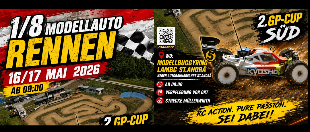 Ein Plakat für ein RC-Buggy-Rennen bei Modellbuggyring Lambc St.Andra. Der Event beginnt um 09:00. Verpflegung vor Ort. 2. GP-Cup.