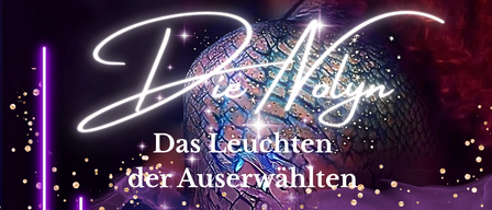 Ein Poster mit dem Titel 'Das Leuchten der Auserwählten' in fetten Buchstaben, mit einem funkelnden abstrakten Design in einer Mischung aus Lila und Gold.