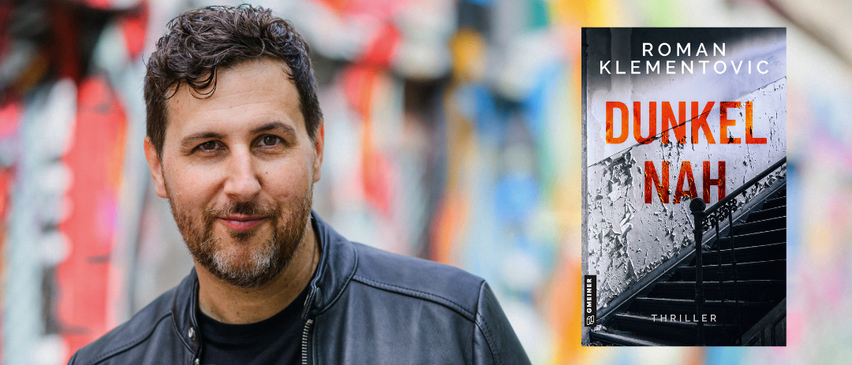 Werbeanzeige für eine Lesung mit Thriller-Autor Roman Klementovic zu 'Dunkelnah' am 13.02. um 19:00. Der Hintergrund zeigt Graffiti.