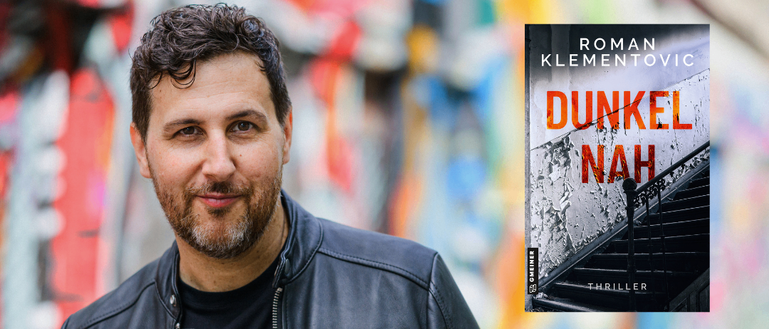 Werbeanzeige für eine Lesung mit Thriller-Autor Roman Klementovic zu 'Dunkelnah' am 13.02. um 19:00. Der Hintergrund zeigt Graffiti.