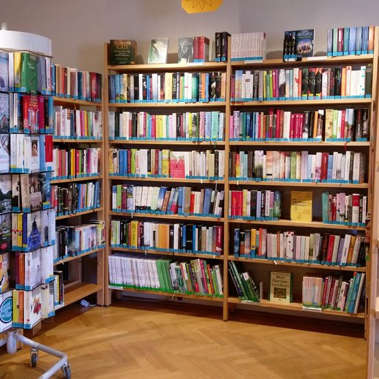 Ein Buchladen mit Holzregalen, die mit verschiedenen Büchern gefüllt sind. Die Bücher sind in Reihen angeordnet, und einige sind übereinander gestapelt. Über den Regalen befindet sich ein kleines gelbes Schild.