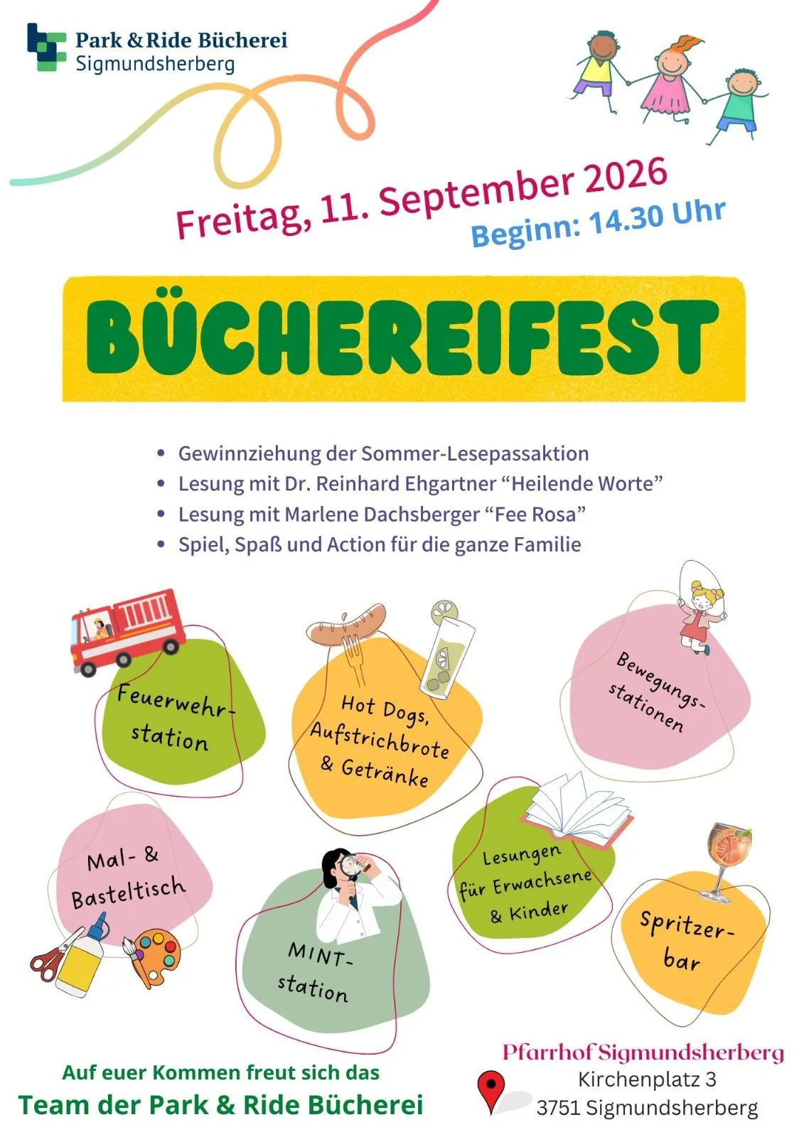 Plakat für Buchereifest-Veranstaltung am 11. September 2026. Bietet Aktivitäten wie Lesungen, Spiele und Essensstände. Illustration mit Feuerwehrauto, Hot Dogs und Leseecke.