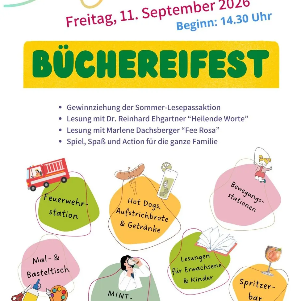 Plakat für Buchereifest-Veranstaltung am 11. September 2026. Bietet Aktivitäten wie Lesungen, Spiele und Essensstände. Illustration mit Feuerwehrauto, Hot Dogs und Leseecke.
