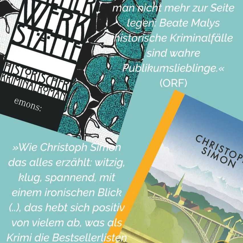 Eine Collage von Buchcovern, eines mit 'Historischer Kriminalroman' von 'emon', ein anderes mit 'Christoph Simon' und einer Brückenillustration. Überlagerter Text bietet Rezensionen und Beschreibungen.