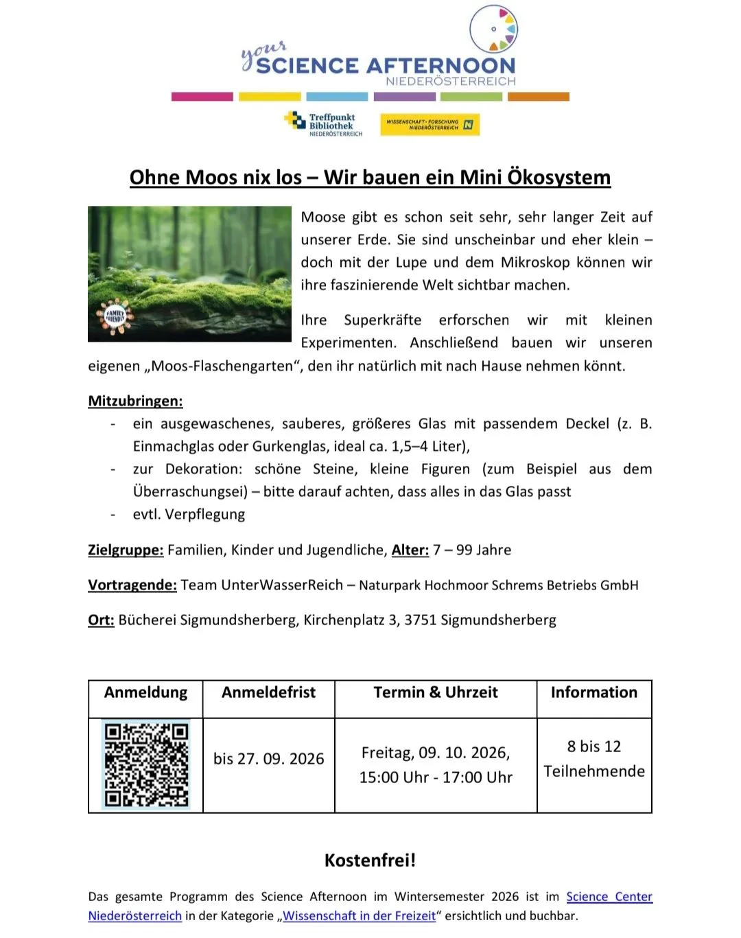Ein Veranstaltungsposter für einen Workshop zum Bau eines Mini-Ökosystems mit Moos, mit einem grünen moosigen Hintergrund und Text in deutscher Sprache.