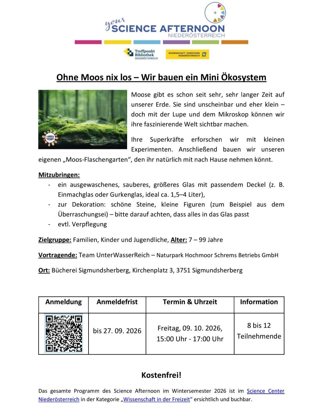 An event poster for a workshop on building a mini ecosystem with moss, featuring a green mossy background and text in German.
