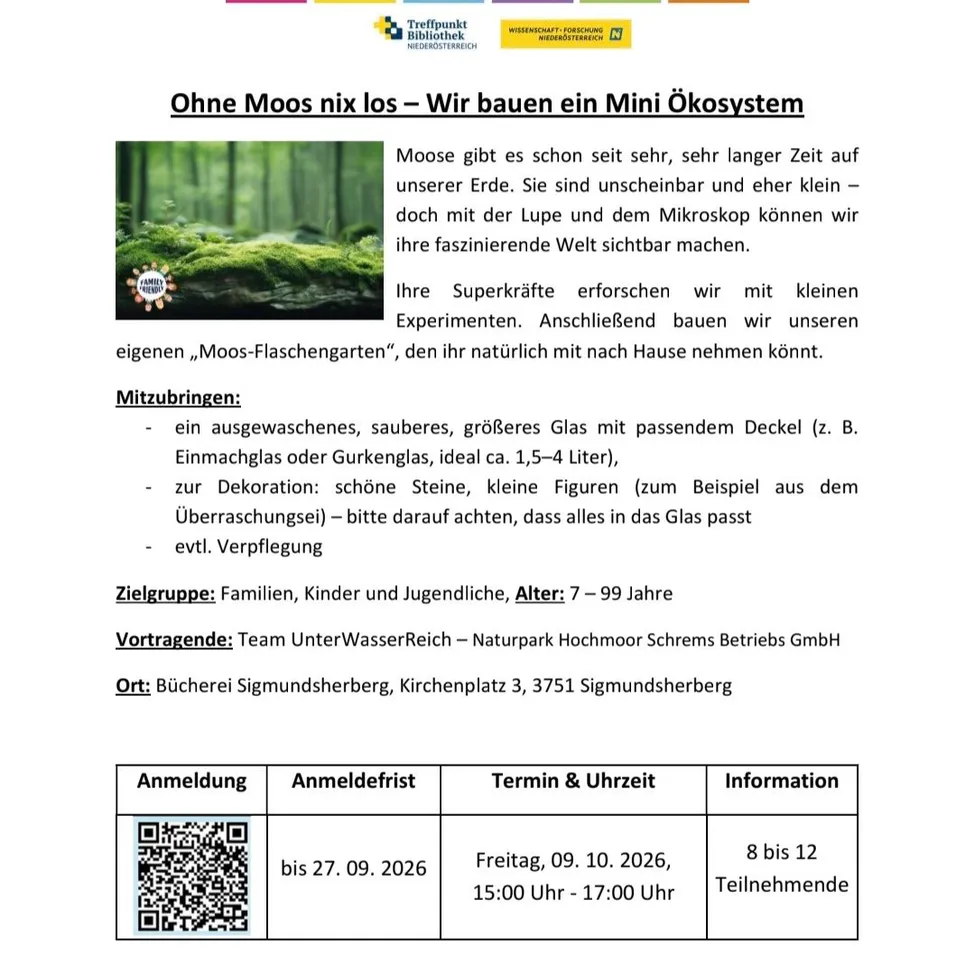 Ein Veranstaltungsposter für einen Workshop zum Bau eines Mini-Ökosystems mit Moos, mit einem grünen moosigen Hintergrund und Text in deutscher Sprache.