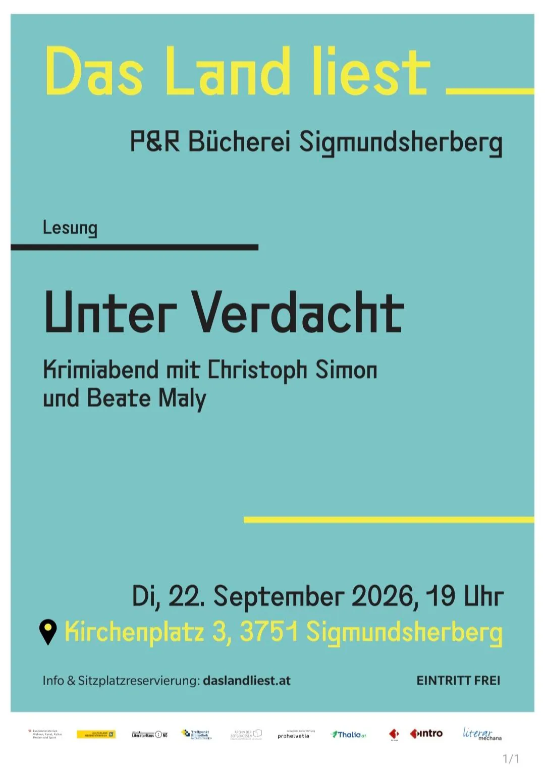 Plakat für einen Kriminalabend mit Christoph Simon und Beate Maly am 22. September 2026 um 19 Uhr in Kirchenplatz 3, 3751 Sigmundsherberg.