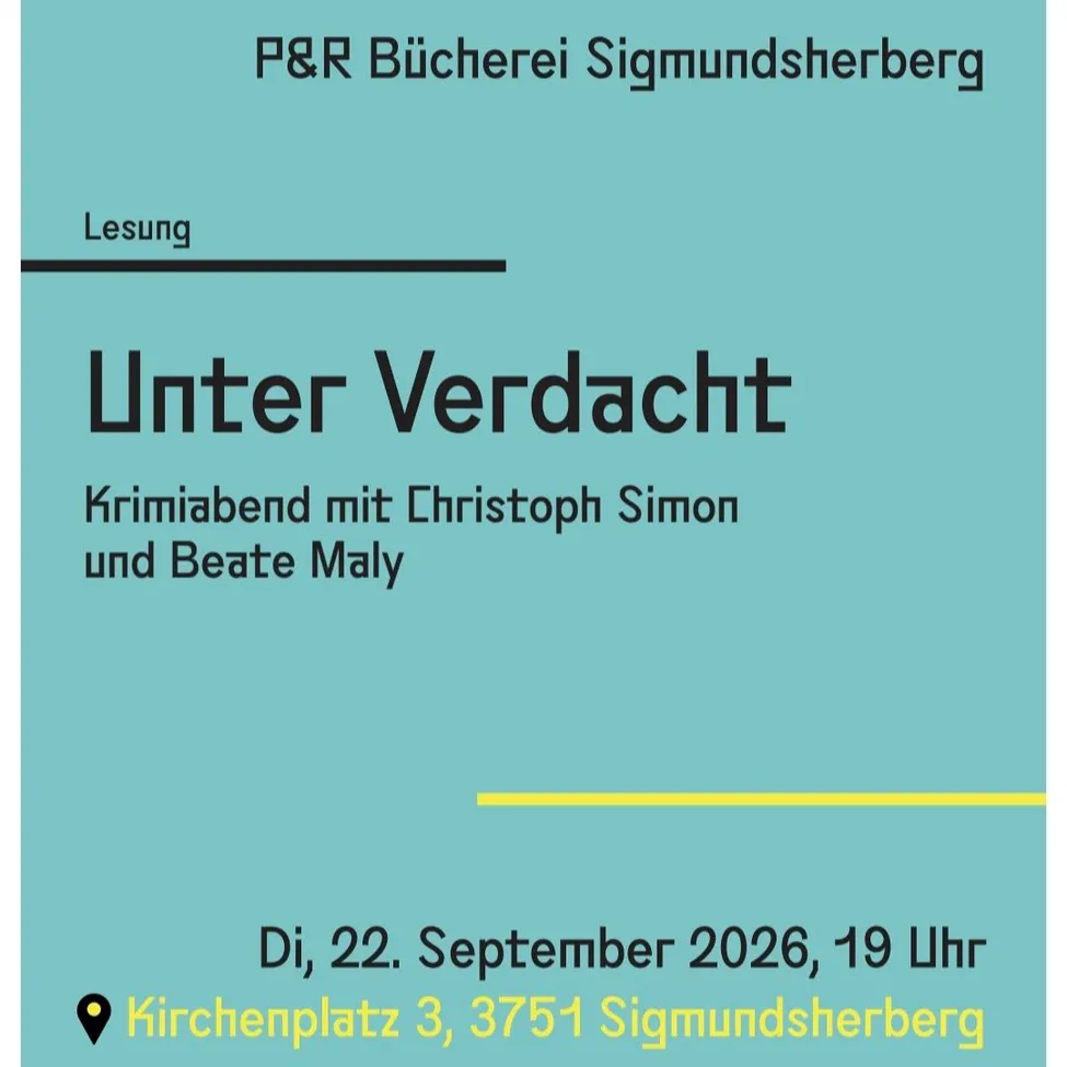 Plakat für einen Kriminalabend mit Christoph Simon und Beate Maly am 22. September 2026 um 19 Uhr in Kirchenplatz 3, 3751 Sigmundsherberg.