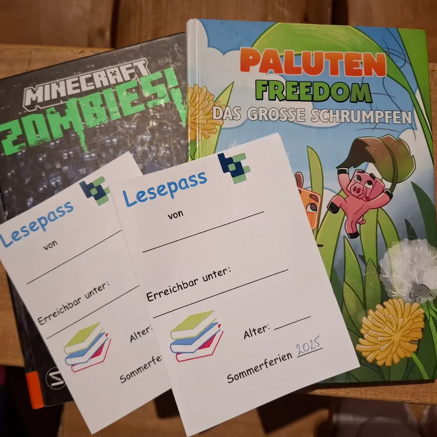 Drei Bücher liegen auf einer Holzoberfläche. Ein Buch heißt 'Minecraft Zombies', ein anderes 'Paluten Freedom' und das dritte ist ein weißes Papier mit dem Titel 'Lesepass'. Die Bücher sind von einigen weißen Papieren mit Text und Zeichnungen umgeben.