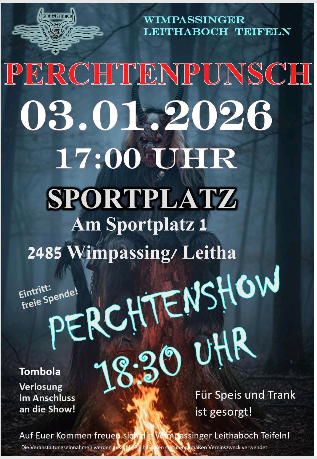 Plakat für eine Perchtenpunsch-Veranstaltung am 3. Januar 2026, um 17:00 Uhr. Ort: Sportplatz 1, 2485 Wimpassing/Leith. Freier Eintritt. Perchtenshow um 18:30 Uhr.