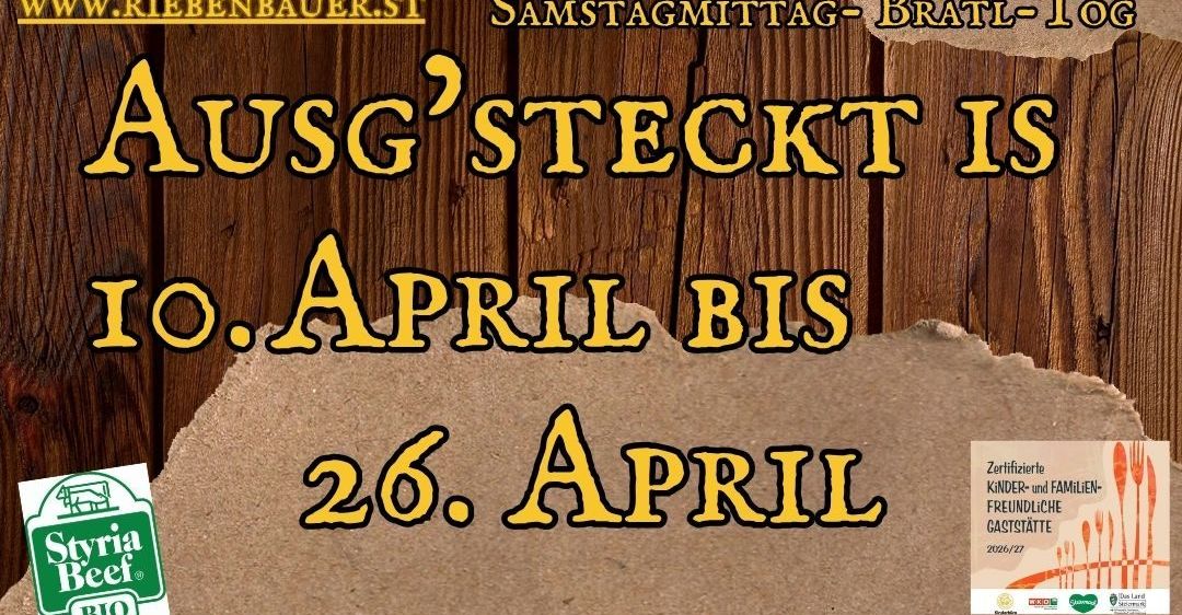 Eine Werbung für ein Sonntagsbuffet vom 12. April bis 26. April 2026 bei Wiesenhof 17, 8243 Pinggau. Das Buffet ist von 10 bis 12 Uhr geöffnet und Reservierungen können telefonisch vorgenommen werden. Der Hof ist bio-zertifiziert.