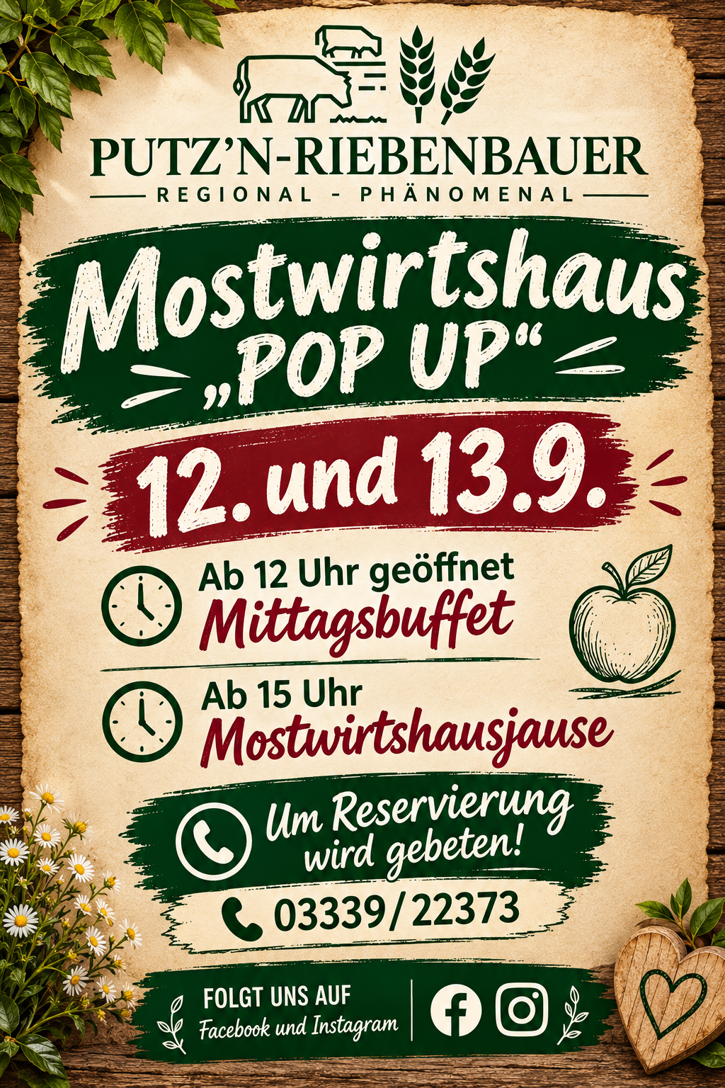Poster for Mostwirthshaus Pop Up event on September 12th and 13th. Open from 12 PM with a buffet and from 3 PM with Mostwirthshaus sauce. Reservation required. Contact 03229/22373.