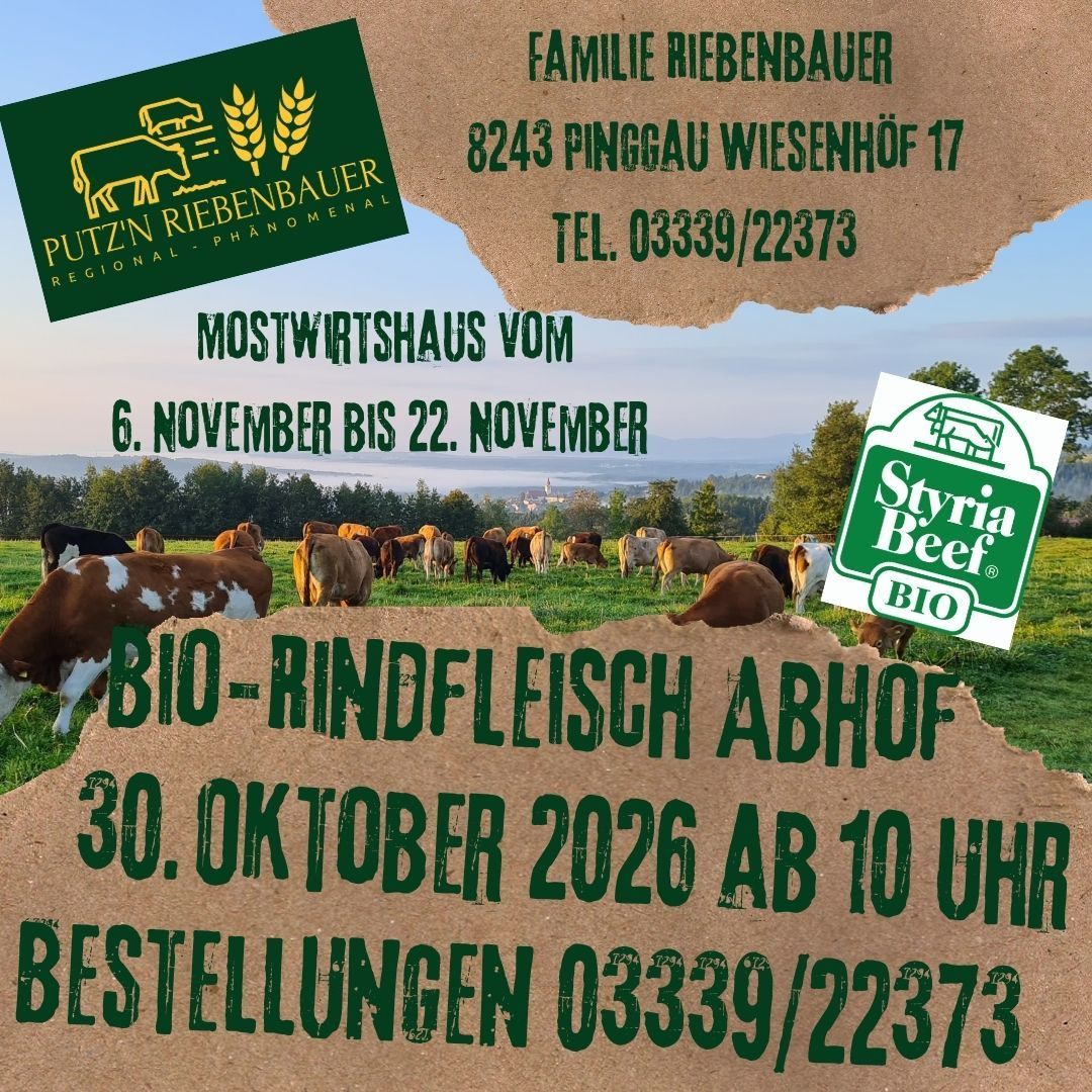 Ein Werbeplakat für einen Bauernhof in Pinggau, Österreich. Es hat einen grünen Hintergrund mit Text in fetter grüner und weißer Schrift. Das Plakat enthält ein Logo für Putzn Riebenbauer, einen Bauernhof in Pinggau. Das Plakat zeigt auch ein Bild von Kühen, die auf einer Wiese grasen, zusammen mit einer Telefonnummer und einer Website-Adresse.