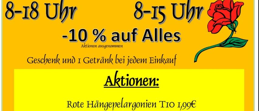 Tag der offenen Gärten vom 24.4.2026 bis 25.4.2026. Rabatte und Geschenke bei jedem Kauf. Angebote beinhalten Hängekörbe, Kompost und Pflanzensamen.
