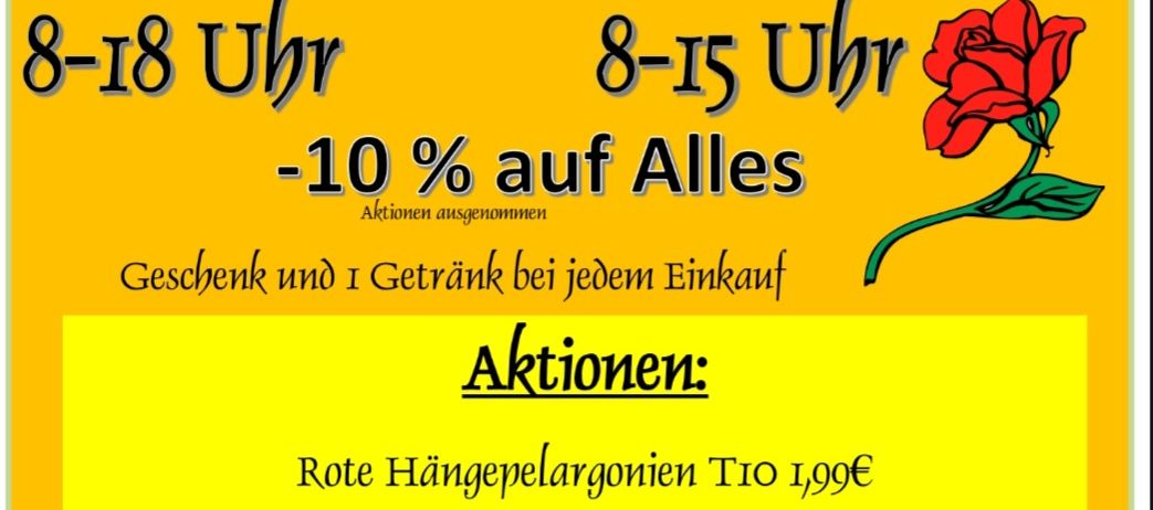 Tag der offenen Gärten vom 24.4.2026 bis 25.4.2026. Rabatte und Geschenke bei jedem Kauf. Angebote beinhalten Hängekörbe, Kompost und Pflanzensamen.