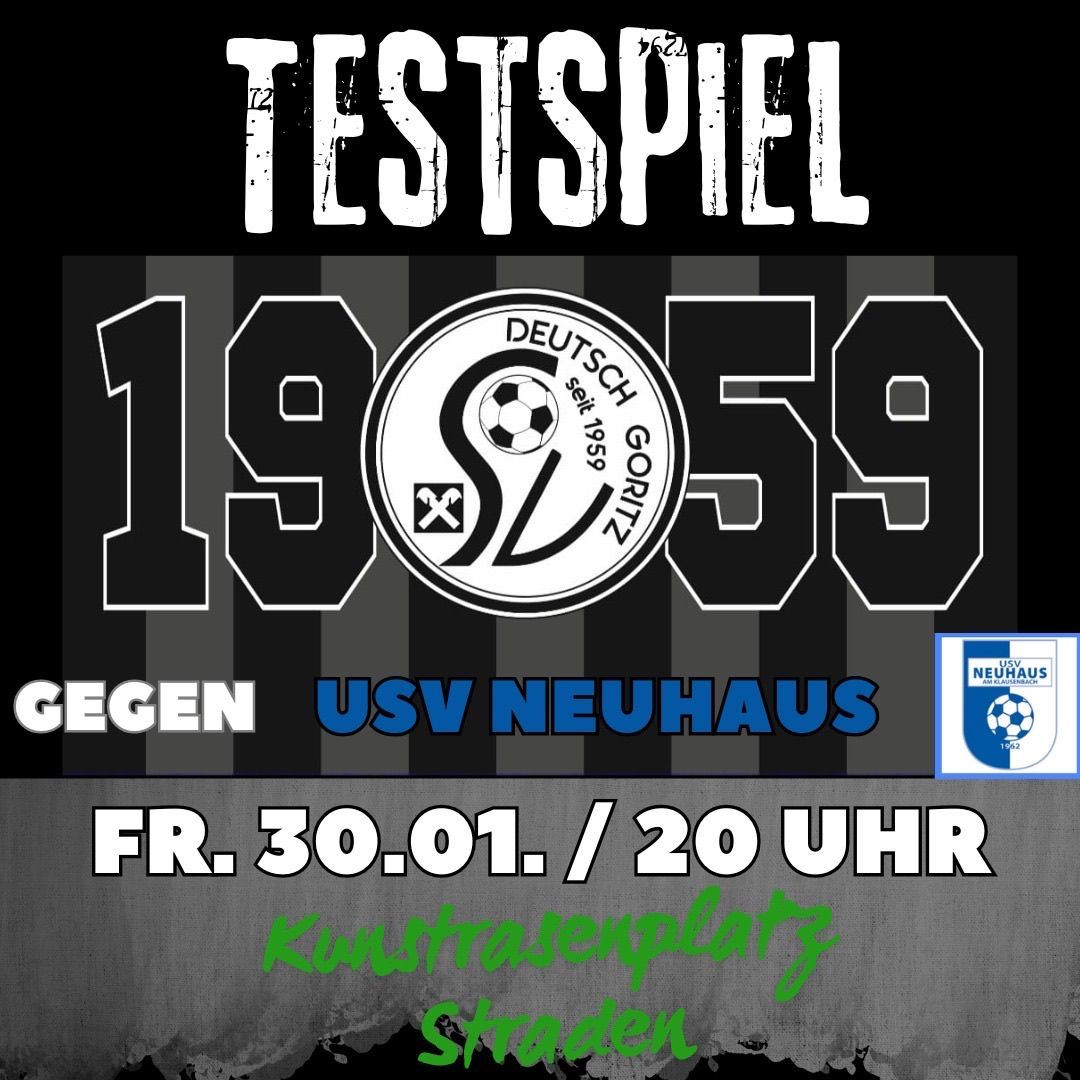 Ein Plakat für ein Fußballspiel der Mannschaft 1959 gegen USV Neuhaus. Geplant für Freitag, 30. Januar um 20 Uhr auf Kunstrasenplatz Schraden.