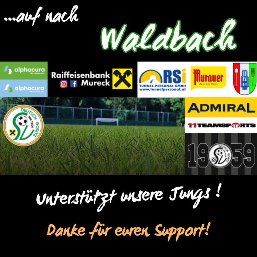 An advertisement shows a soccer field with several logos including Alphacura, Raiffeisenbank, Mueck, and Admiral. It encourages support for the youth team and expresses gratitude for support.