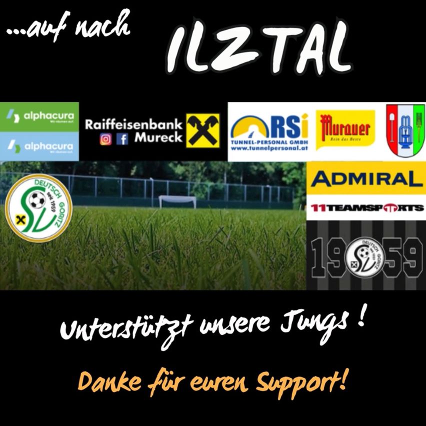Ein Fußballplatz mit Logo und Sponsoren. Der Text lautet: 'Unterstützt unsere Jungs! Danke für eure Unterstützung!' Es zeigt Logos verschiedener Sponsoren wie Alphacura, Raiffeisenbank und Admiral.