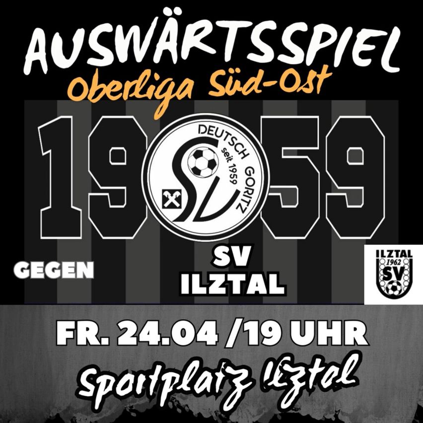 Plakat für ein Fußballspiel zwischen 1959 Gorlitz und SV Iltztal. Datum ist Freitag, 24. April, Zeit ist 19 Uhr. Ort ist Sportplatz Iltztal.