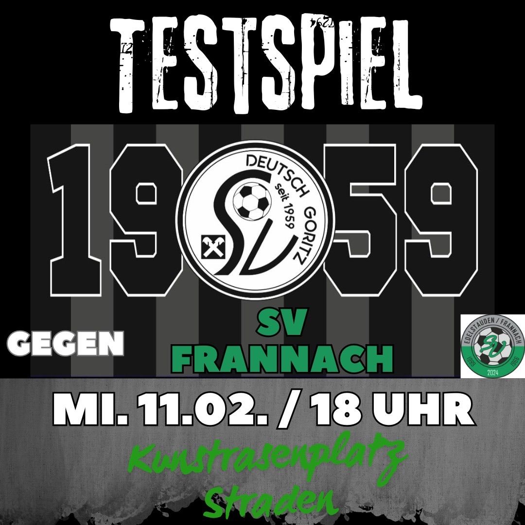 Plakat für ein Fußballspiel zwischen den Mannschaften SV Gorlitz und Frannach. Geplant für den 11. Februar 2024 um 18:00 Uhr. Ort: Kunstrasenplatz Staden.