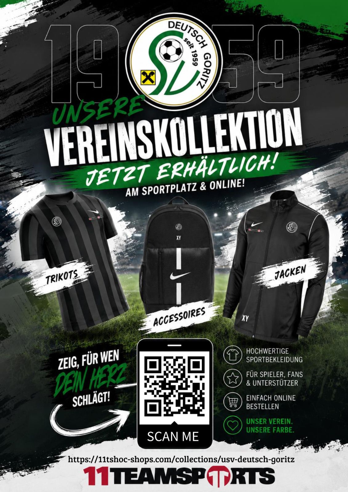 Eine Werbung für die Vereinskollektion eines Sportvereins mit einem schwarz-weiß gestreiften Trikot, einem schwarzen Nike-Rucksack und einer schwarzen Jacke. Der Text lautet 'Jetzt erhältlich! Am Sportplatz & Online!' mit einem QR-Code darunter.