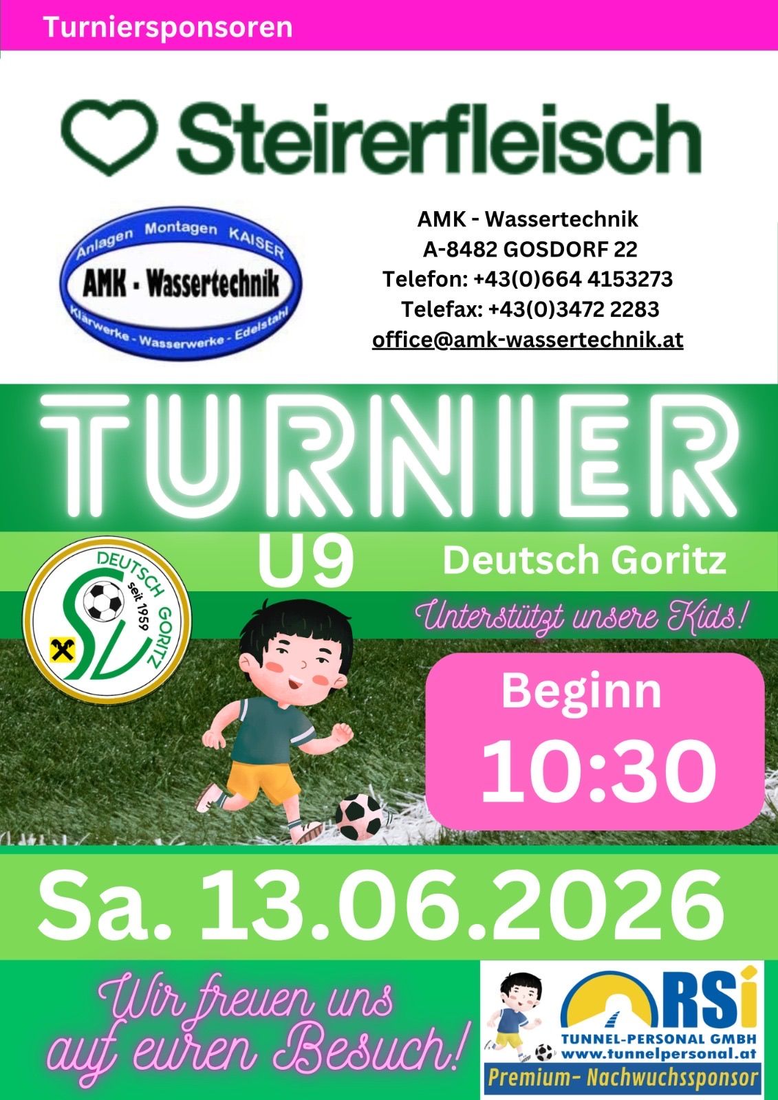 AMK Water Technology flyer for a soccer tournament. German Goritz U9. Starts at 10:30 on June 13, 2026.