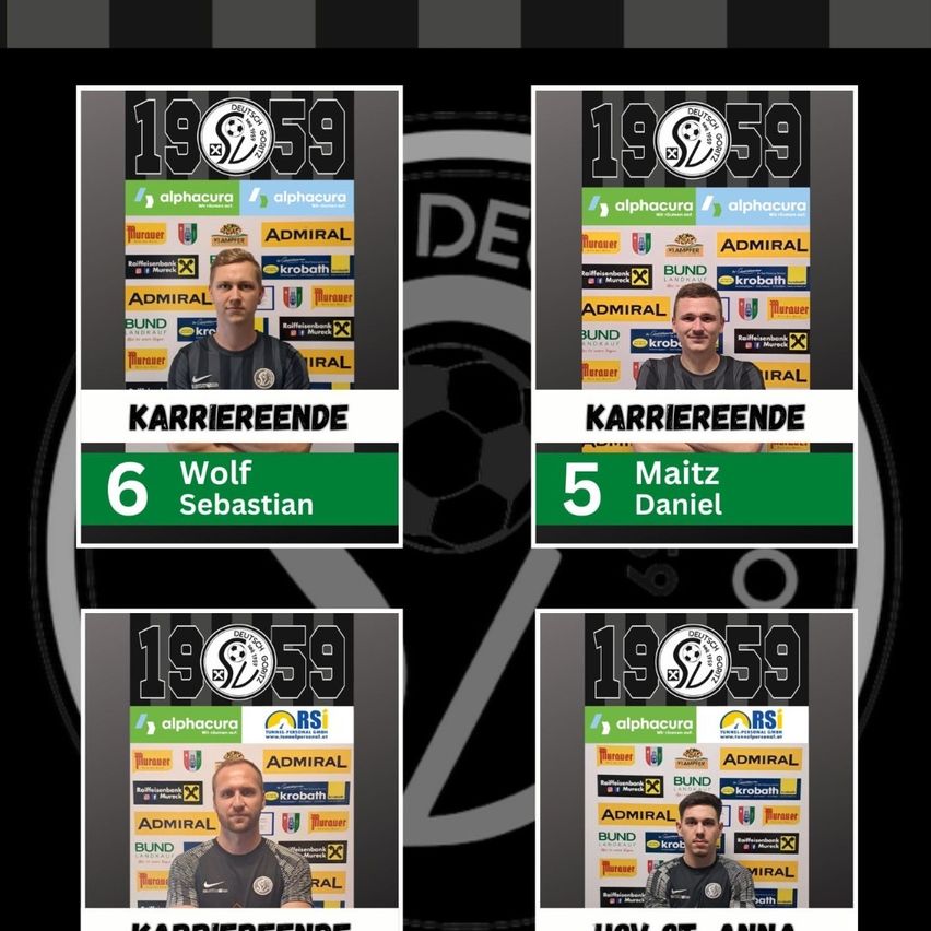 Vier Fußballspieler werden mit ihren Namen, Nummern und Teamlogos dargestellt. Wolf Sebastian ist Nummer 6, Maitz Daniel ist Nummer 5 und zwei andere werden nicht gezeigt.