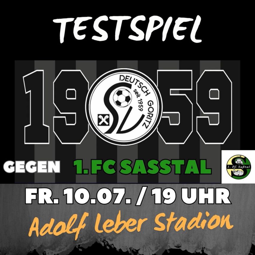 A soccer team banner for 1959 against 1. FC Sasstal, with a date of July 10, 2007, and time of 19:00 at Adolf Leber Stadium.