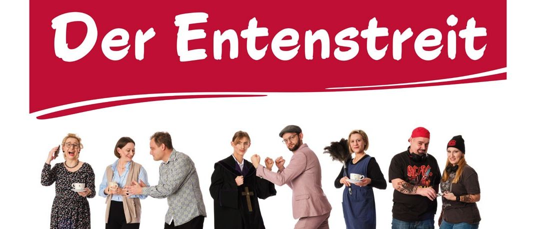 Plakat für 'Der Entenstreit' im Theatersaal Burgruine Hohenegg. Termine: 29. Mai, 30. Mai, 5. Juni, 6. Juni, 7. Juni 2026. Zeiten: 19:30 Uhr und 17:00 Uhr. Webseite: www.burgtheater-hohenegg.at. QR-Code vorhanden.