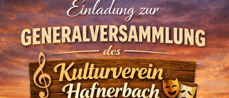 A poster advertises a cultural event in Hafnerbach on April 12, 2026, at 10:00 AM. The poster features musical instruments, a film clapperboard, a paint palette, and a castle in the background.