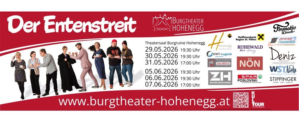 Plakat für die Theateraufführung Entenstreit im Burgtheater Hohenegg. Termine und Uhrzeiten für Mai und Juni 2026 sind aufgeführt. Website enthalten.