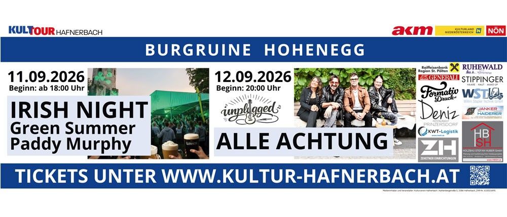 Plakat für eine Veranstaltung im Jahr 2026 am 12. September in der Burgruine Hohenegg. Die Veranstaltung beginnt um 20 Uhr. Es zeigt eine Band namens Murphy und eine Website für weitere Informationen.