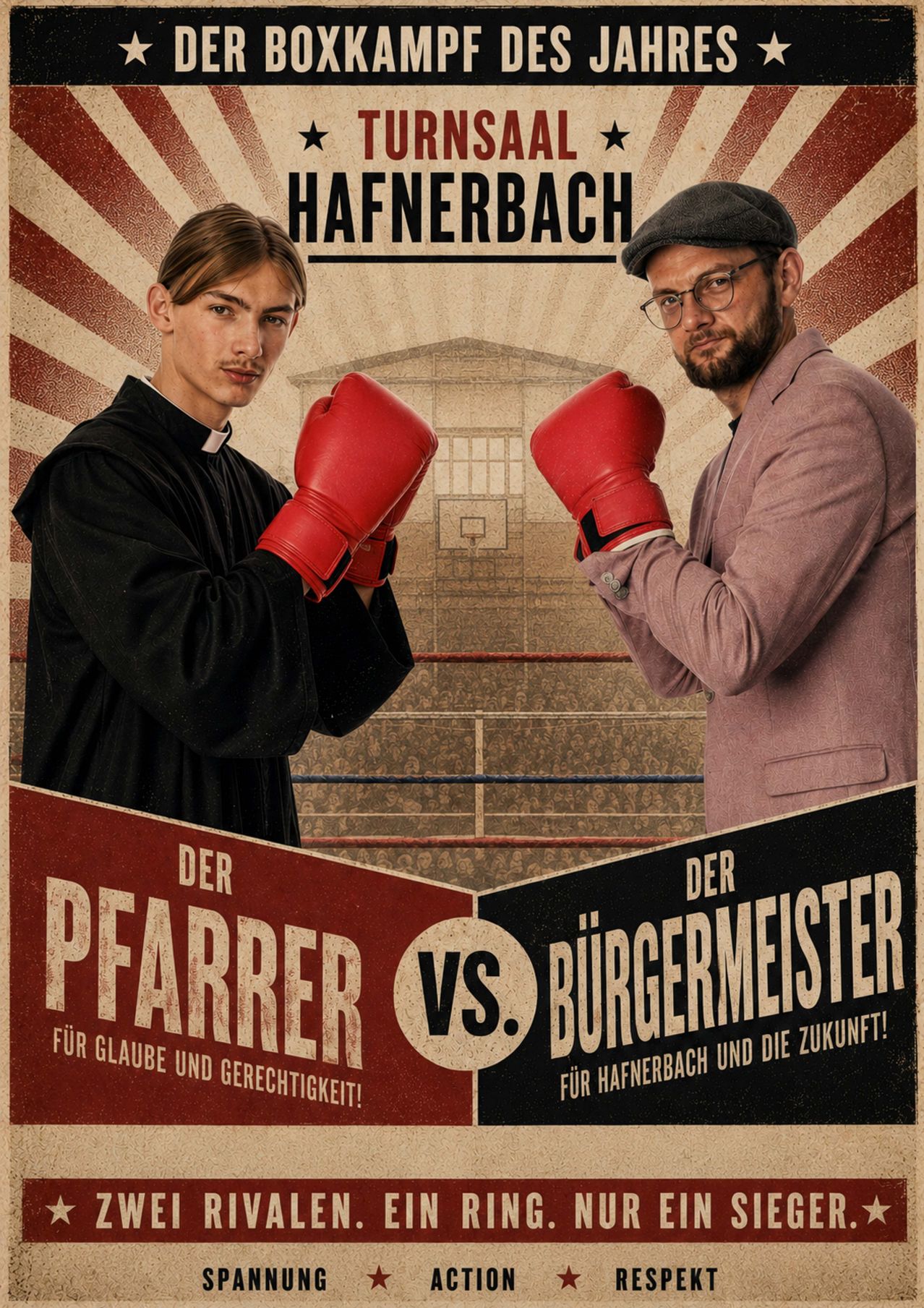 Zwei Männer boxen, einer als Priester und der andere als Bürgermeister gekleidet, mit einem unscharfen Hintergrund eines Gebäudes.