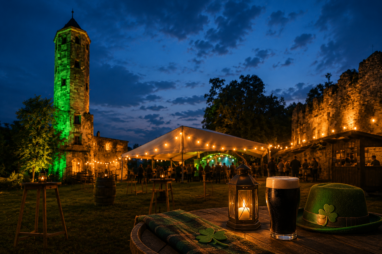 A twilight outdoor event at a medieval castle with green lights, a tent, tables, and a glass of dark beer.
