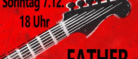Plakat für eine Veranstaltung mit dem Titel 'Rock Christmas' mit einer Gitarre auf rotem Hintergrund. Die Veranstaltung findet am Sonntag, 7. Dezember, um 18 Uhr statt. Die Band 'Father' wird auftreten.