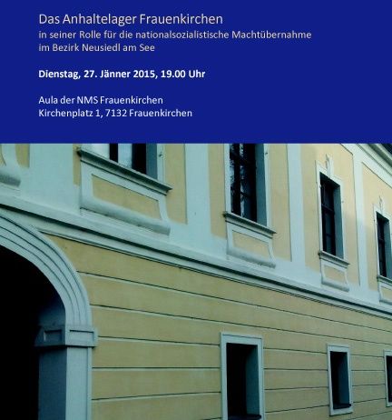 Das Cover einer Publikation mit dem Titel Internationaler Holocaust Gedenktag 2015 zeigt ein gelbes Gebäude mit mehreren Fenstern und einem gewölbten Eingang. Der Text ist in Deutsch und enthält Informationen über ein historisches Ereignis.