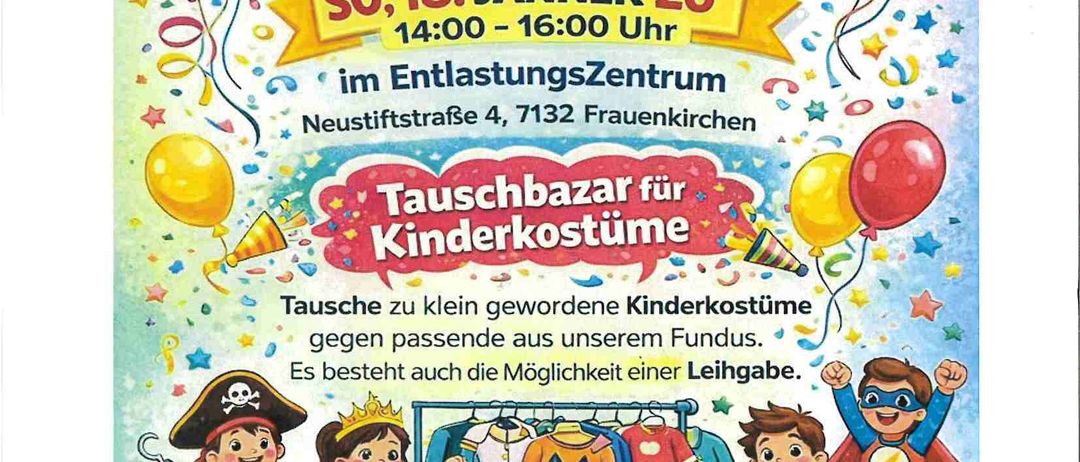 Ein Plakat für einen Kostümtausch am Entspannungszentrum. Kinder können ihre kleinen Kostüme gegen welche aus dem Fonds tauschen. Mietoptionen sind verfügbar. Das Event beinhaltet kostenlose Snacks und Getränke. Freundliche Erinnerung.