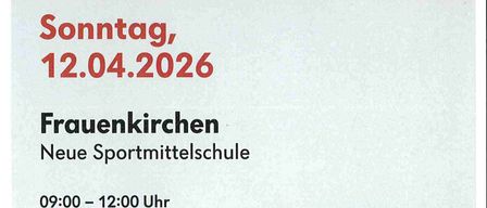 Ein Plakat für eine Blutspendeveranstaltung in Frauenkirchen am 12. April 2026 in der Neuen Sportmittelschule. Es gibt zwei Zeitfenster: 09:00 bis 12:00 Uhr und 13:00 bis 14:30 Uhr. Ein QR-Code zum Buchen ist vorhanden.