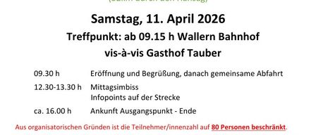 Plakat für HansagRADtour 2026. Datum: Samstag, 11. April 2026. Treffpunkt: Wallen Bahnhof um 09:15 Uhr. Begrenzt auf 80 Teilnehmer. Weitere Informationen unter www.kem-neusiedlersee.at.