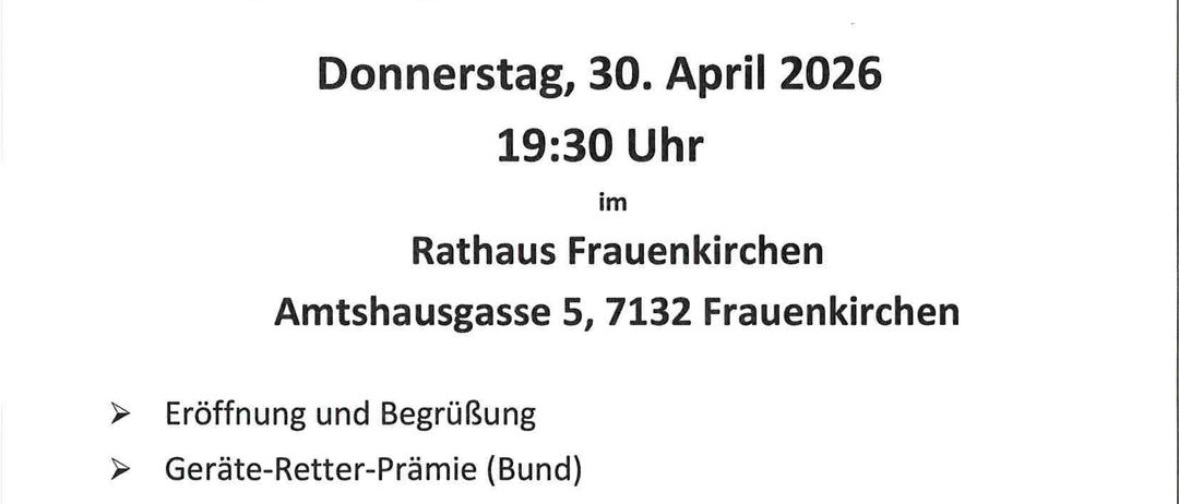Veranstaltung: 'Energiekosten senken'. Datum: Donnerstag, 30. April 2026, 19:30. Ort: Rathaus Frauenkirchen, Amtshausgasse 5, 7132 Frauenkirchen. Themen: Eröffnung und Begrüßung, Geräte-Retter-Prämie, Photovoltaik, Speicher, Tausch fossiler Heizsysteme, und Elektromobilität. Dauer: ca. 2 Stunden. Ein kleiner Imbiss mit Getränken wird serviert.