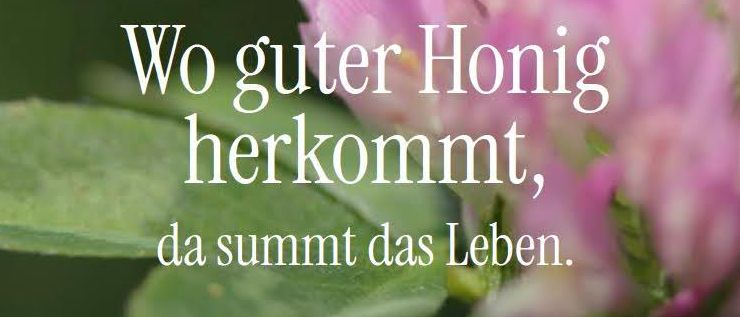 Ein Nahaufnahme einer Biene auf einer rosa Blume mit dem Text 'Wo guter Honig kommt, da summt das Leben' auf Deutsch.