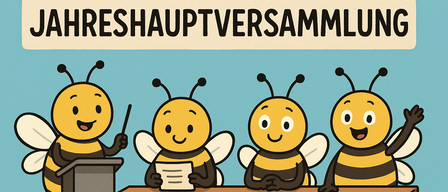 Eine Illustration von vier Bienen, die an einem Schreibtisch sitzen, eine hält ein Papier, eine andere hält Kreide, mit einem blauen Hintergrund und Text 'V Mureck & Umgebung' darüber.