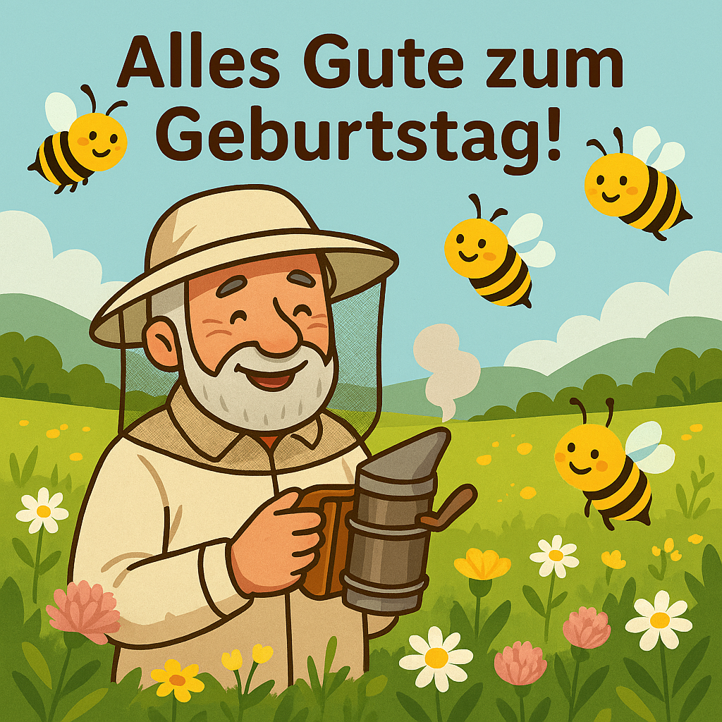 Eine Illustration eines Imkers mit lächelndem Gesicht in einem Feld mit Blumen und Bienen. Der Text lautet 'Alles Gute zum Geburtstag!' auf Deutsch.