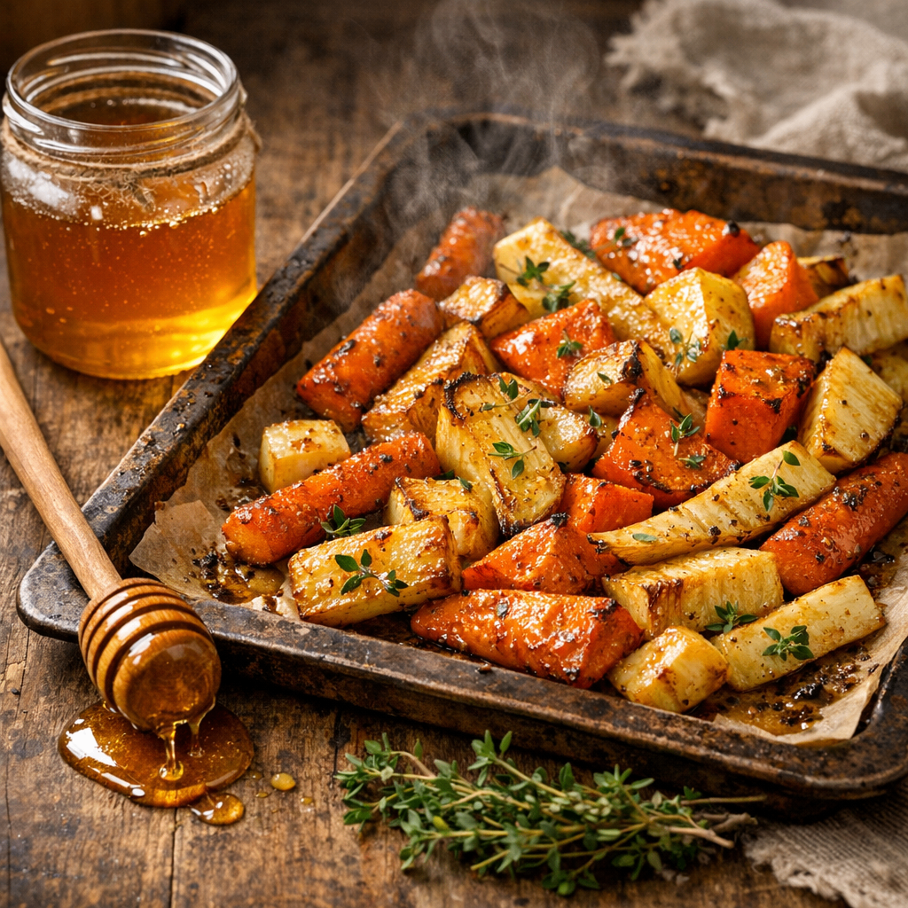Gebratene Karotten und Pastinaken auf einem Backblech, mit Honig beträufelt, begleitet von einem Glas Honig und einem Holzlöffel.
