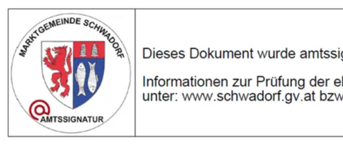 Amtliches Dokumentensiegel, das besagt, dass das Dokument offiziell unterzeichnet wurde. Es bietet URLs zum Überprüfen der elektronischen Signatur und des Ausdrucks.